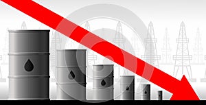 Oil crisis vector concept. Decrease in production volumes, drop in oil and fuel prices. The red arrow of the graph on the