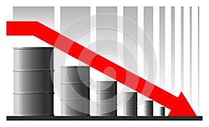 Oil crisis vector concept. Decrease in production volumes, drop in oil and fuel prices. The red arrow of the graph on the