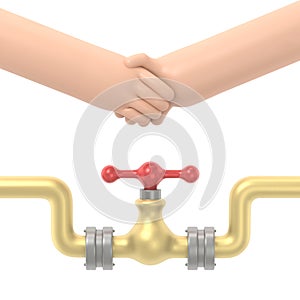 Oil deal concept. Arabs businessmen handshake at a meeting. 3D illustration flat design. Oil pipe with a tap.