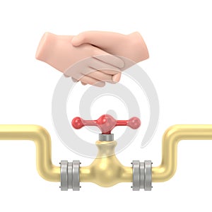 Oil deal concept. Arabs businessmen handshake at a meeting. 3D illustration flat design. Oil pipe with a tap.