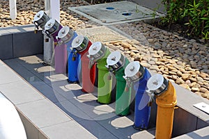 Oil distribution pipe in service station. Colorful pipe for classify of fuel.