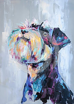 Oil dog portrait painting in multicolored tones. Conceptual abstract painting of a french bulldog muzzle. Closeup of a