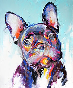 Oil dog portrait painting in multicolored tones. Conceptual abstract painting french bulldog muzzle. Closeup painting