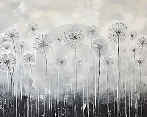 Oil Drawing Dandelion, Black and White Textured Dandelions Picture, Stylish Painting on Canvas