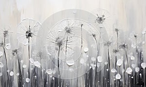 Oil Drawing Dandelion, Black and White Textured Dandelions Picture, Stylish Painting on Canvas