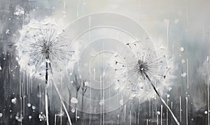 Oil Drawing Dandelion, Black and White Textured Dandelions Picture, Stylish Painting on Canvas