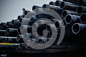 Oil Drill pipe. Rusty drill pipes were drilled in the well section.