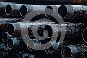 Oil Drill pipe. Rusty drill pipes were drilled in the well section. Downhole drilling rig.