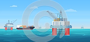 Oil drill platform vector illustration, cartoon flat ocean or sea landscape with drilling rig tower, ship tanker for gas