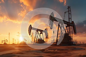Oil drilling derricks at desert oilfield