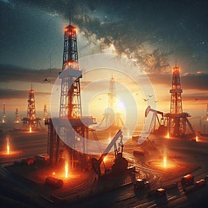 Oil drilling derricks at desert oilfield for fossil fuels output and crude oil production from the ground. Generated AI