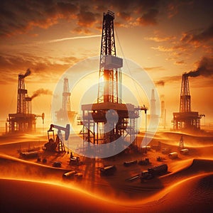 Oil drilling derricks at desert oilfield for fossil fuels output and crude oil production from the ground. Generated AI