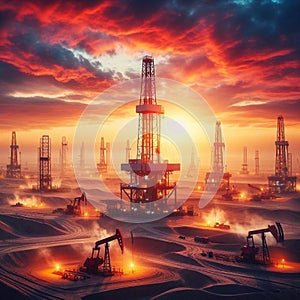 Oil drilling derricks at desert oilfield for fossil fuels output and crude oil production from the ground. Generated AI