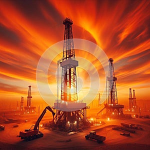 Oil drilling derricks at desert oilfield for fossil fuels output and crude oil production from the ground. Generated AI