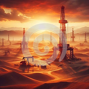 Oil drilling derricks at desert oilfield for fossil fuels output and crude oil production from the ground. Generated AI