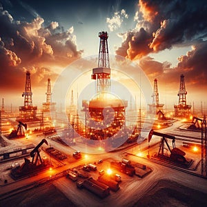 Oil drilling derricks at desert oilfield for fossil fuels output and crude oil production from the ground. Generated AI