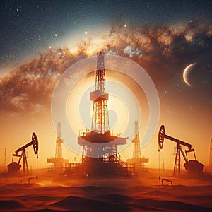 Oil drilling derricks at desert oilfield for fossil fuels output and crude oil production from the ground. Generated AI