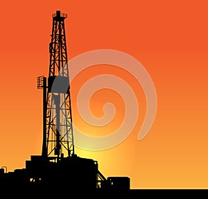 Oil drilling illustration. sunset