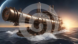 oil drilling platform A steampunk landscape with a submarine emerging from the ocean.