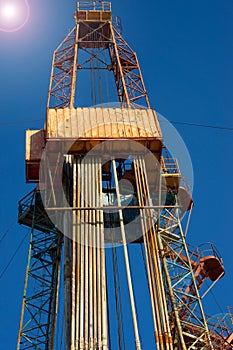 Oil drilling rig operation on the oil platform in oil and gas industry. Industrial concept.