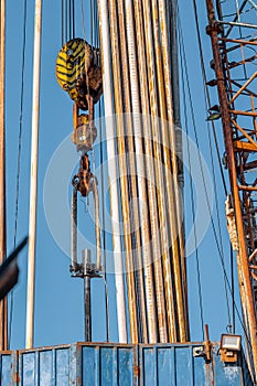 Oil drilling rig operation on the oil platform in oil and gas industry. Industrial concept.