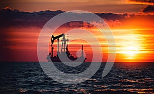 Oil drilling rig on the sea at sunset. Oil and gas industry. Generative AI.