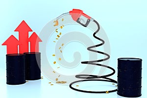 Oil dripping from a gasoline pump with coin and oil tank .3D Rendering.Fuel nozzle with hose fuel pump.Gas pump with drop of