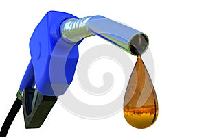 Oil dripping from a gasoline pump isolated on white background - 3D Rendering.Fuel nozzle with hose fuel pump.Gas pump with drop