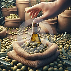 A oil drizzler sitting in a sea of olives and harvest of hessian bags filled with olive