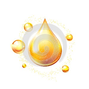 Oil drop gold shining icon. Vitamin. Shining golden substance drop. Vector
