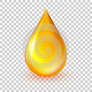 Oil drop vector illustration. Realistic yellow liquid droplet isolated on transparent background. Golden collagen essence, 3d