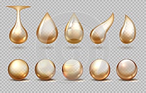 Oil drops. Realistic golden fluid drips, yellow petrol lubricant or nature element, liquid honey drop. Vector gasoline