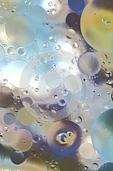 Oil drops in water on a colored background. Bright background with purple and light blue circles of different sizes.