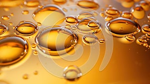 Oil drops on water. Oil spheres floating in a golden liquid. Bubbles of different sizes on orange abstract background