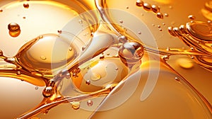 Oil drops on water. Oil spheres floating in a golden liquid. Bubbles of different sizes on orange abstract background