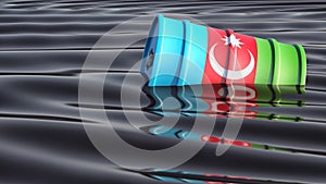 Oil drum with Azerbaijan national flag swimming in an ocean of black oil.