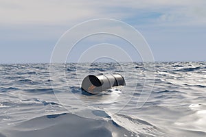 Oil Drum Barrel Floating In The Open Sea. Maritime Pollution Problems. 3D Rendering Of Marpol Concept
