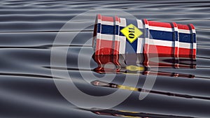 Oil drum with Norway national flag swimming in an ocean of black oil.