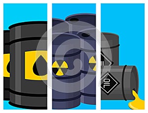 Oil drums container fuel cask storage rows steel barrels capacity tanks card metal old bowels chemical brochure vector photo