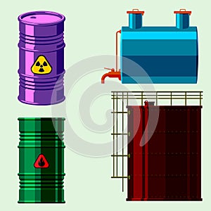 Oil drums container fuel cask storage rows steel barrels capacity tanks natural metal old bowels chemical vessel vector