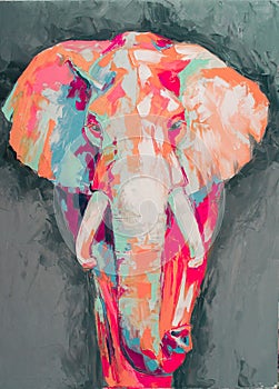 Oil elephant portrait painting in multicolored tones. Conceptual abstract painting of a elephant on the black background