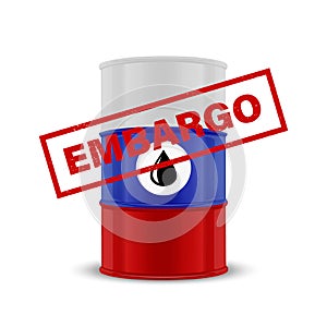 Oil Embargo. Vector 3d Realistic Metal Enamel Oil Barrel Isolated on White. Russian Crude Oil Embargo Concept Background