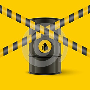 Oil Embargo. Vector 3d Realistic Metal Enamel Black Oil Barrel on Yellow. Crude Oil Embargo Concept Background