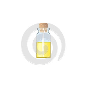 Oil empty phial with yellow liquid and cork, tranparent icy-white vial, scent bottle, medicine bottle