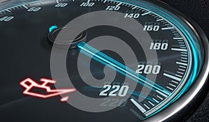 Oil and engine malfunction warning light control in car dashboard. 3D rendered illustration