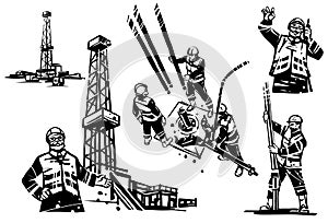 An oil engineer with a radio on the background of a drilling oil rig. Workers drill a well. Separate drilling rig