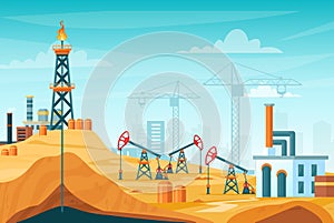 Oil extraction landscape vector illustration, cartoon flat urban factory skyline with well drilling, oil rig tower to