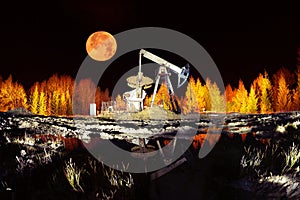 Oil extraction at night at sea and swamps