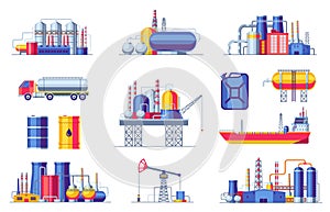Oil extraction and production icons. Fuel gas industry constructions, petroleum barrel pipeline coal transportation