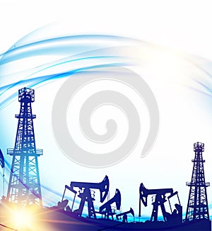 Oil field with derricks and pumpd over blue sky background.